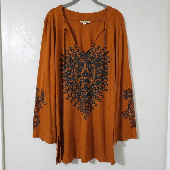 YAK & YETI Long Bell Sleeve Tunic Blouse, Deep V-Neck, Yoga, Boho Chic, Rust XL - Picture 2 of 12